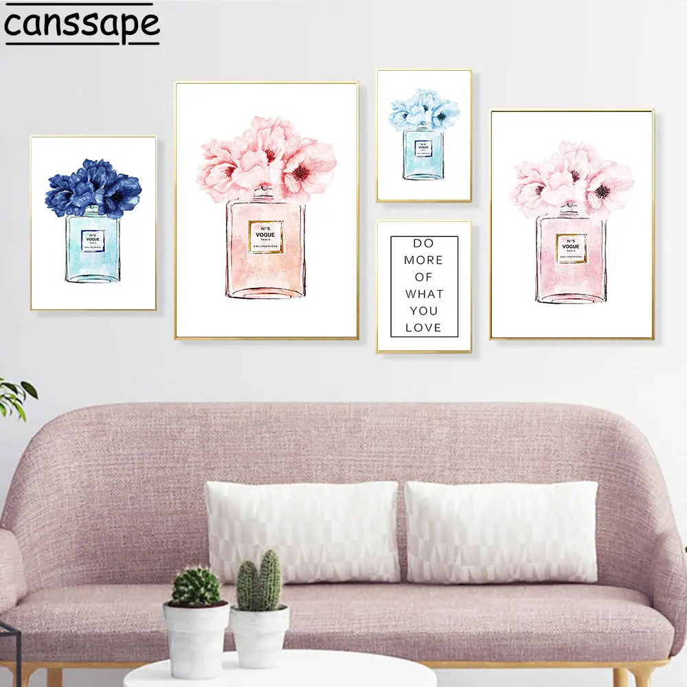 Vogue флакон духов настенное искусство акварельный цветок холст картина постер для