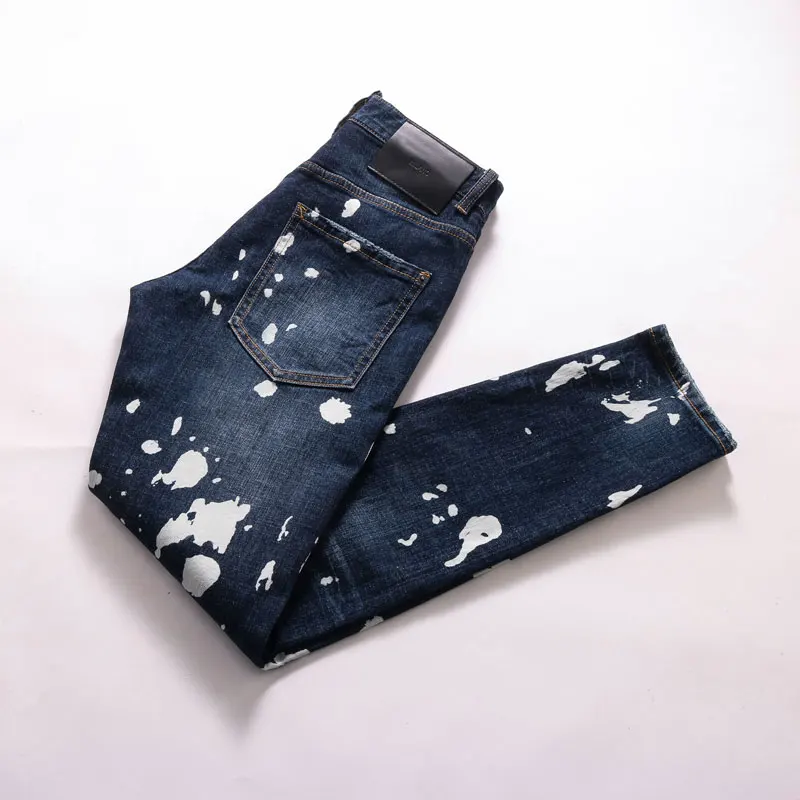 European American Street Fashion Men Jeans Retro Dark Blue Slim Fit Ripped Jeans Men Painted Designer Hip Hop Denim Punk Pants
