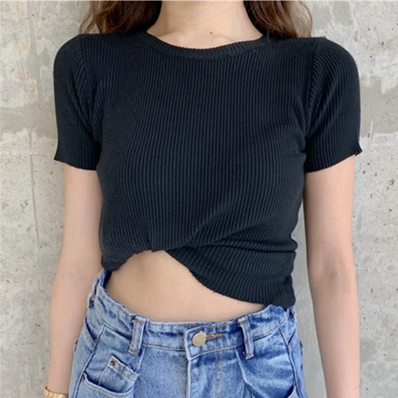 Летняя женская футболка Однотонная с коротким рукавом тонкие вязаные топы