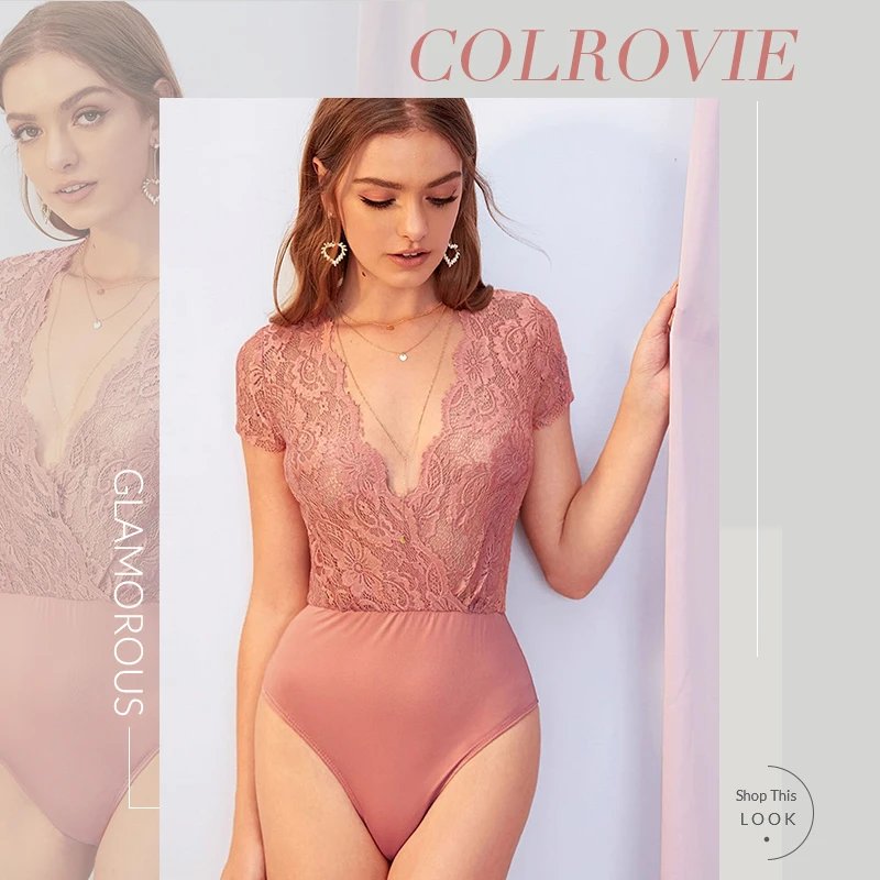 COLROVIE/розовое кружевное покрывало с глубоким вырезом из прозрачного гипюра, боди, женское прозрачное облегающее боди, летние чарующие боди с глубоким v-образным вырезом