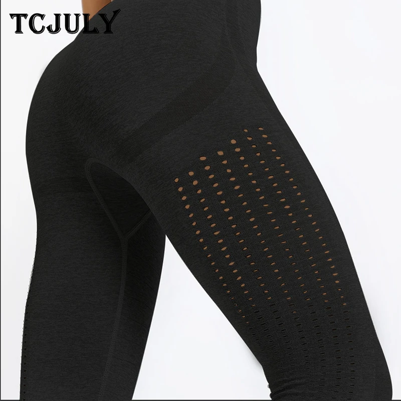 TCJULY Sexy Hollow Out Seamless Leggings For Women Solid High Waisted Push Up Workout Pants Breathable Quick Dry Fitness Leggins | Женская