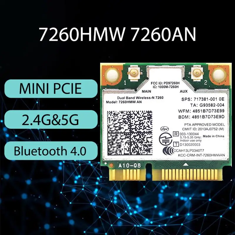 

Brand New 7260HMW 7260AN Wireless Card Bluetooth 4.0 300M 2.4G/5G Dual Band Mini PCI-E Wifi Network Card For PC Desktop Laptop