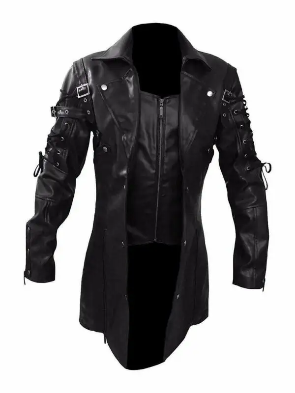 Solid Color Motorcycle EU Size Jacket Men's Trend Casual Steampunk Gothicgothic Trench Leather Maroon Black Coat