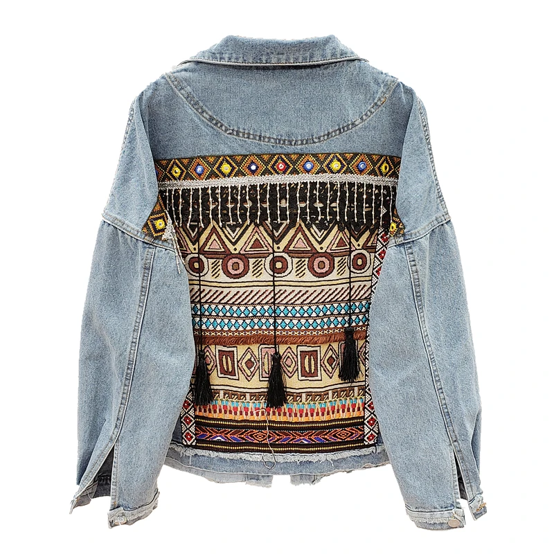 

Vintage Jeans Jacket Coat Women Tassel Embroidery Flowers Denim Coat Loose Long Sleeve Short Bohemia Denim Jacket Female Outwear