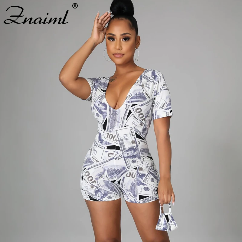 

Znaiml 2021 Summer Women Elegant Casual Skinny Playsuit Female Workwear V-Neck Short Sleeve Jumpsuit Print Design Stretch Romper