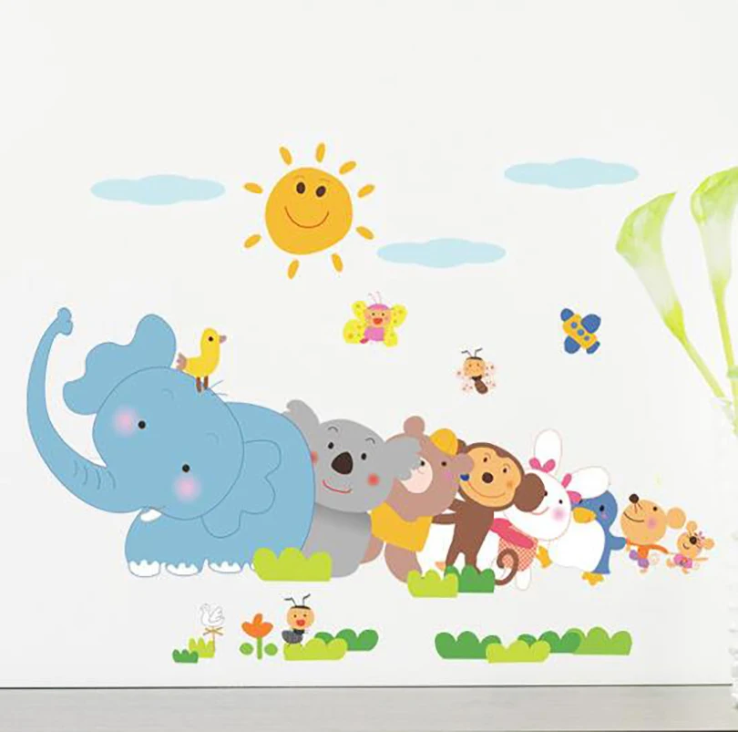 

Happy animals Elephant Monkey Wall Sticker for kids room bedroom home decor DIY art background decals cute Cartoon Zoo stickers