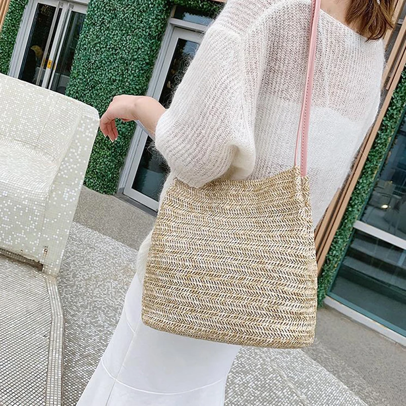 

Bucket Straw Beach Bags Vintage Woven Shoulder Bohemian Summer handbag women tote designer brand big fashion 2019