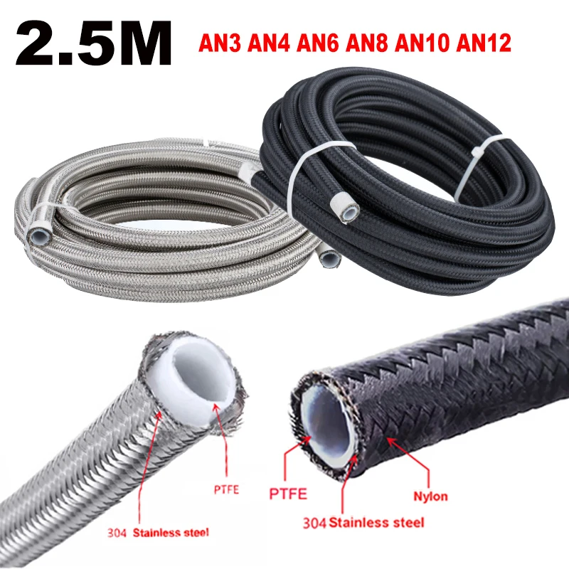 

8FT/2.5M Universal Car Fuel Hose Oil Gas Cooler Line Pipe Tube PTFE Stainless Steel Double Braided AN3 AN4 AN6 AN8 AN10 AN12