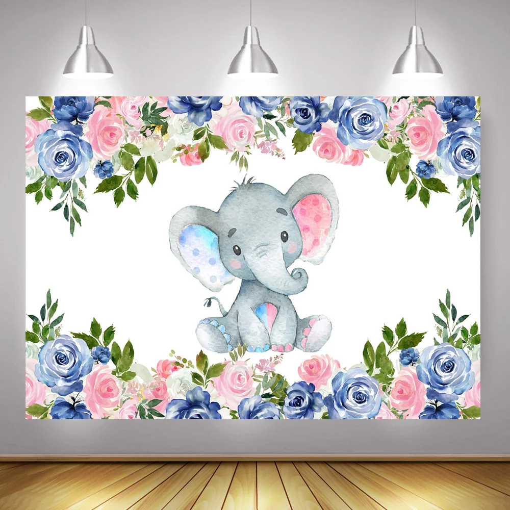 

Pink or Blue Gender Reveal Party Photography Backdrop Elephant Newborn Baby Shower Background for Photo Studio Watercolor Flower