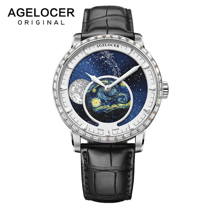 AGELOCER 2020 Мужские автоматические часы Moonphase наручные механические Van Gogh мужские