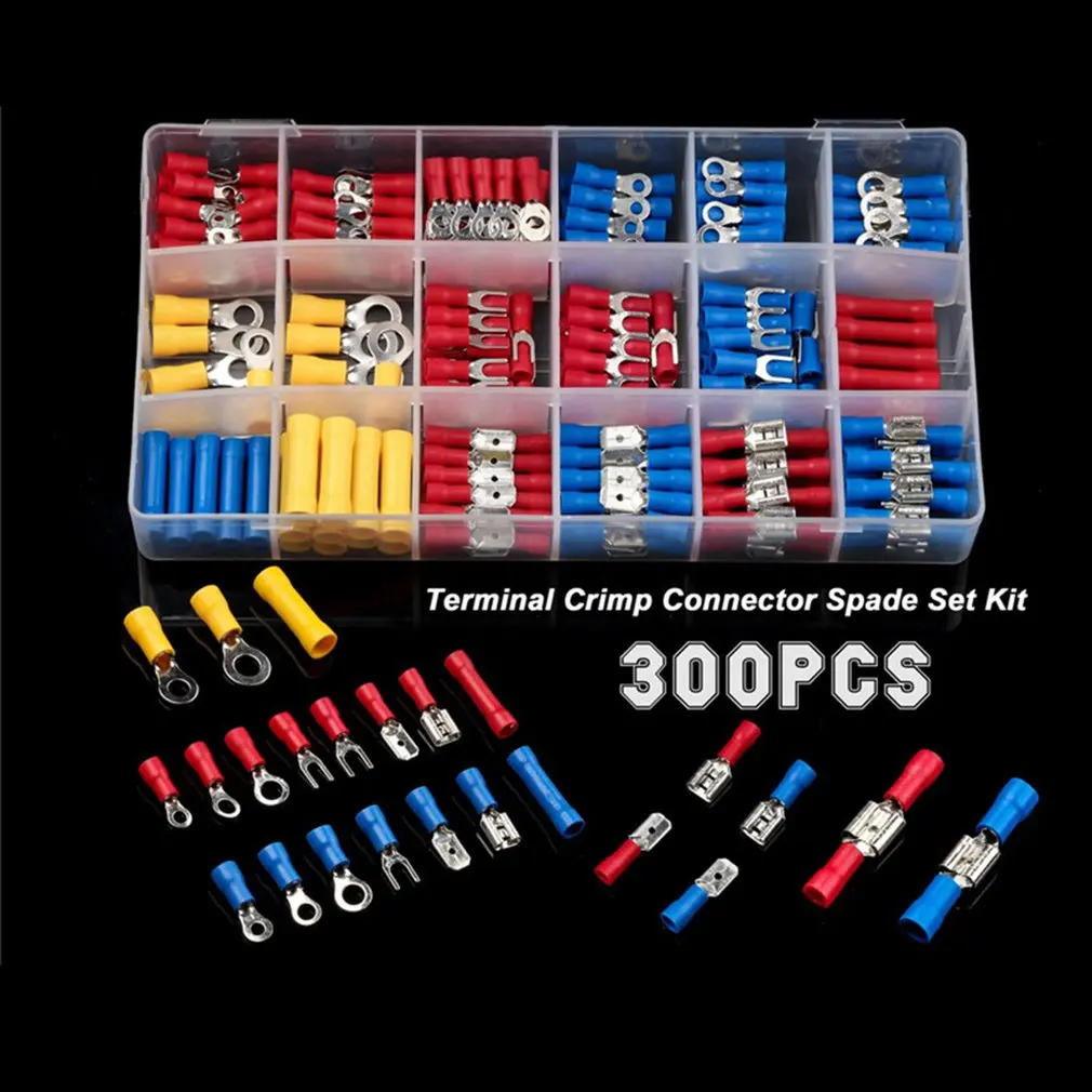 

300Pcs Assorted Spade Terminals Insulated Cable Connector Electrical Wire Crimp Butt Ring Fork Set Ring Lugs Rolled Kit