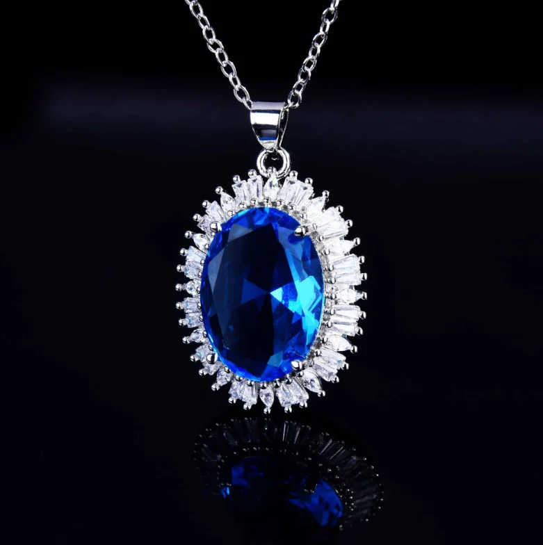 

ANGLANG Big Oval Cubic Zirconia Pendant Necklace for Women Blue Stone Color Statement Necklace Dance Party Girls Jewelry