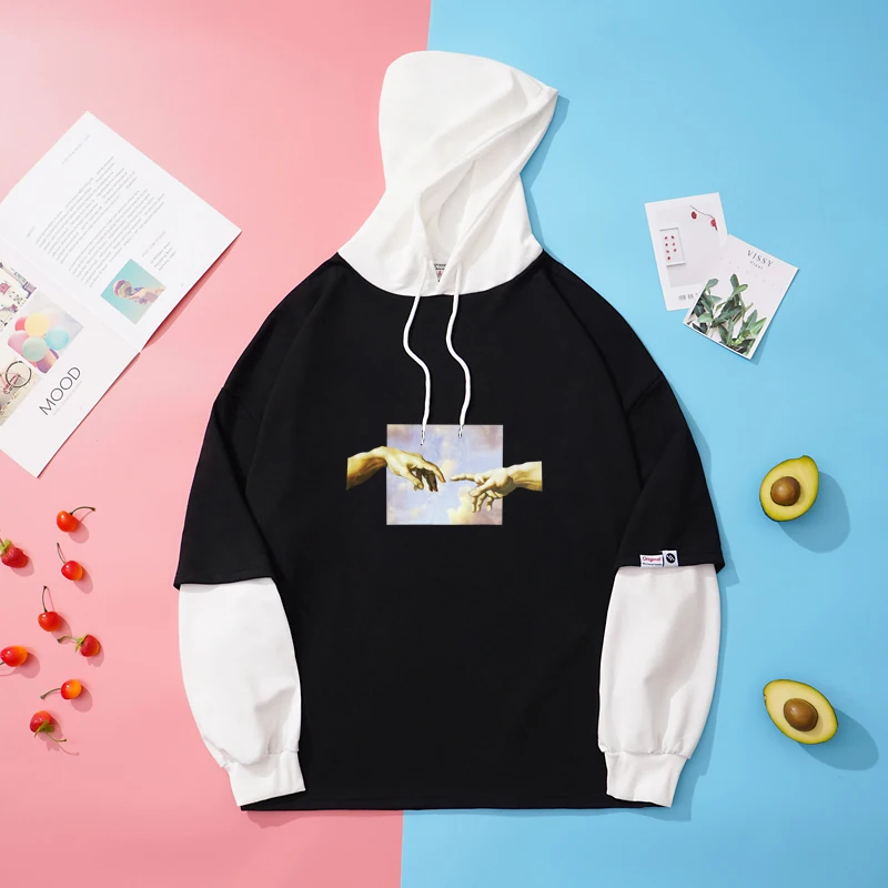 

Funny Icon Michelangelo Print Casual Hoodies Women Hip Hop Unisex Patchwork Sweatshirt Harajuku Hand Hoodie Oversized Streetwear
