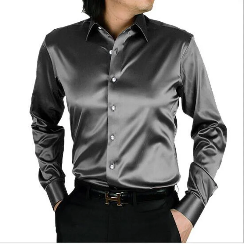 

Men Shirt Fashion Korea Silk Shirt Satin Mens Long Sleeve Camisa Hombre Couples Shirt Wedding Dress