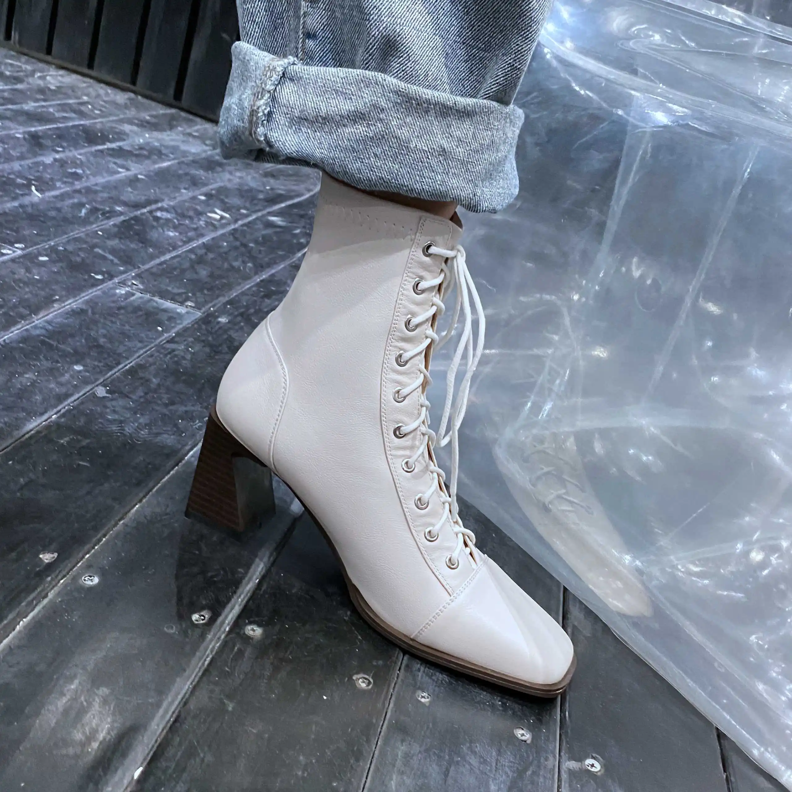 

Krazing pot work boots real leather high street fashion mature square toe thick high heel lace up office lady ankle boots L8f1
