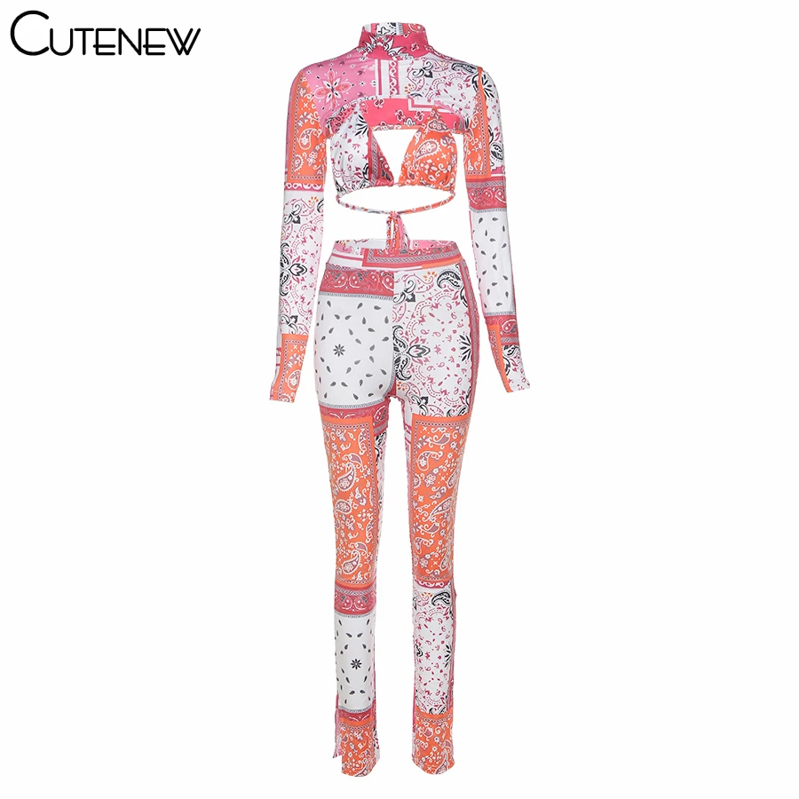 

Cutenew Printed 3 Piece Sets Women Streetwear Turtleneck Crop Top +Sexy Bra+Elastic High Waist Side Split Pants Matching Outfits