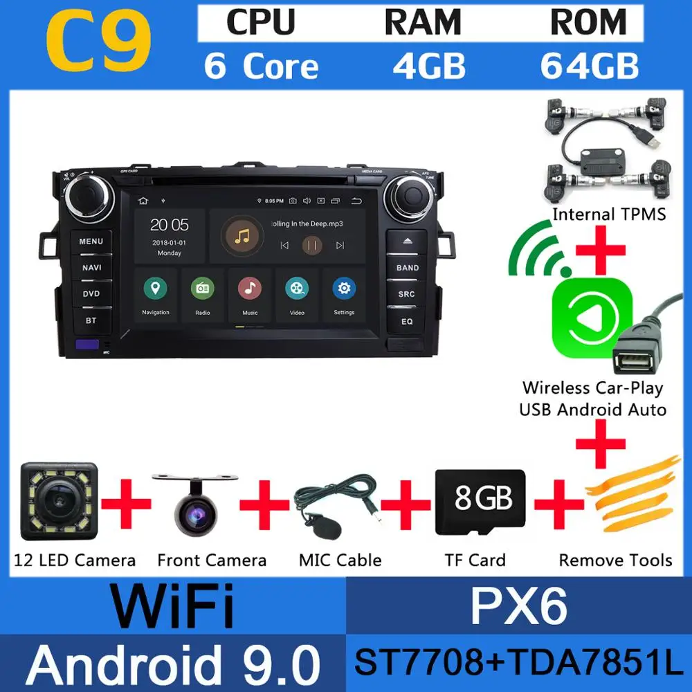 PX6 Wl CarPlay TPMS " PX6 4G+ 64G Android 9,0 для Toyota Auris 2006 2007 2008 2009 2010 2011 Автомобильный DVD Радио gps навигации DSP CarPlay - Цвет: PX6 Wl CarPlay TPMS