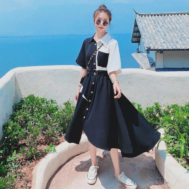

2021 New Simple Black Hepburn Style Dress Women Summer Casual Temperament Waist Was Thin Irregular Shirt Dress Free Shipping