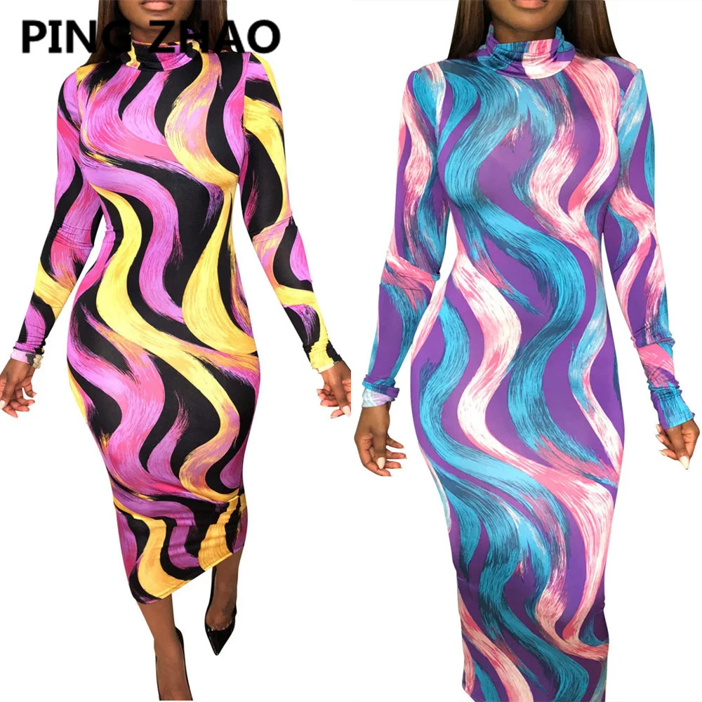 

Женское облегающее платье с длинным рукавом и принтом, Осень-зима