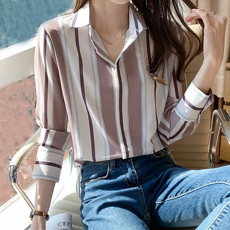 

2021 Summer New Long Sleeve Vertical Stripe Vintage Women's Shirt Fashion Elegant Cotton Commuter Lady Blouses Girl Clothes B077