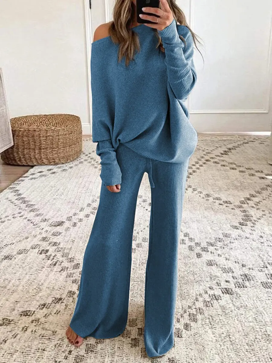 

Knitted Women Pants Sets 2021 Autumn Winter Fashion Casual Female Solid 2 Piece Pant Outfits Long Sleeve Top And Wide Leg Pants
