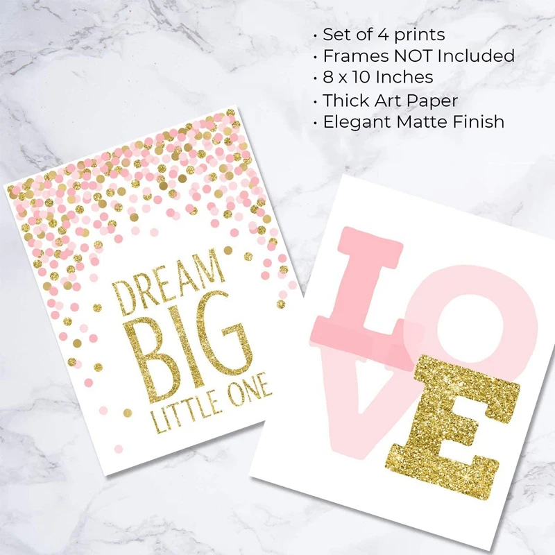 Постер настенный золотистый и розовый 8x10 дюймов 4 шт. | Дом сад