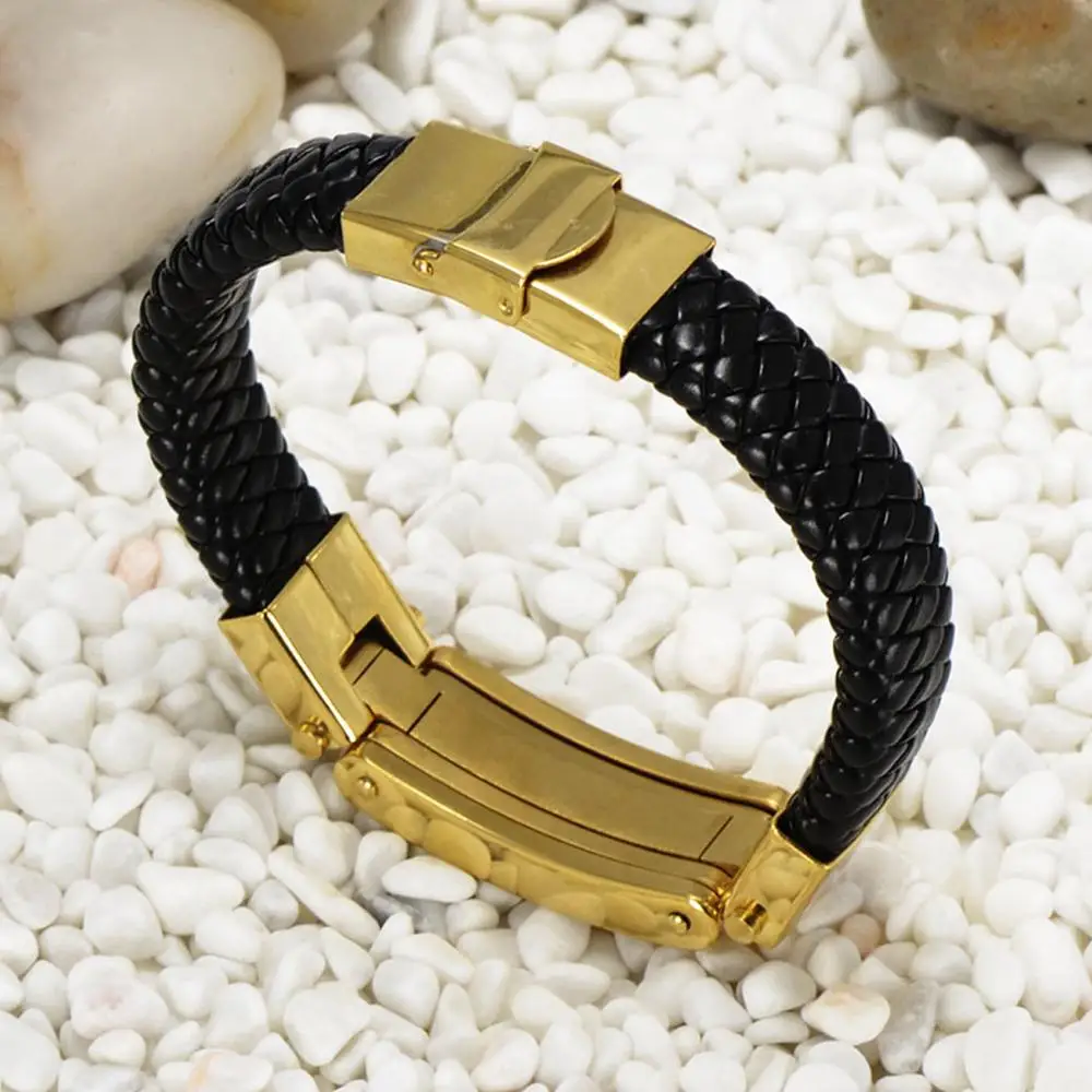 Панк Крест из нержавеющей стали Плетеный Браслет-манжета черный кожаный браслет