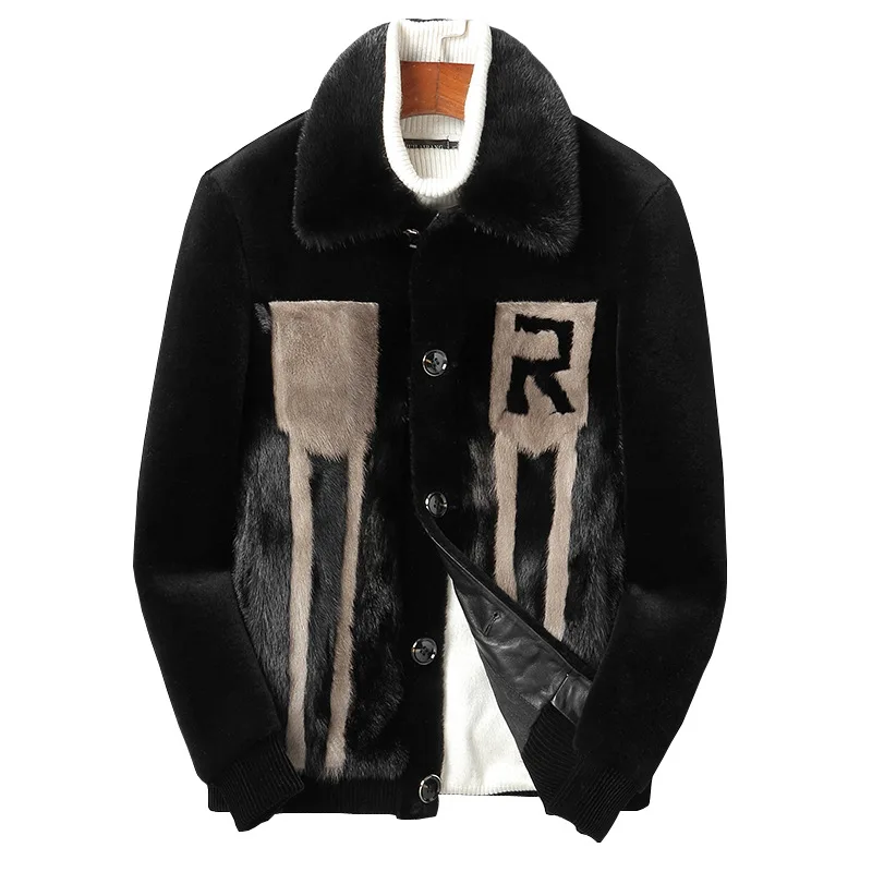 

Men's leather fur wool leisure door lapel spliced mink winter warm coat