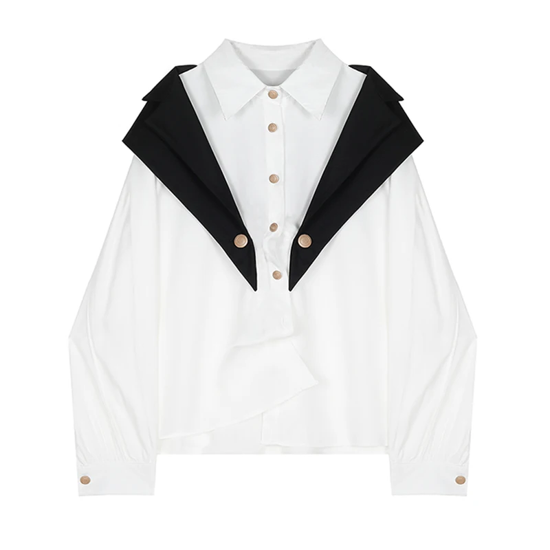 

Fall 2021 New Lapel Loose Blouse Single-breasted Long-sleeved Shawl Top