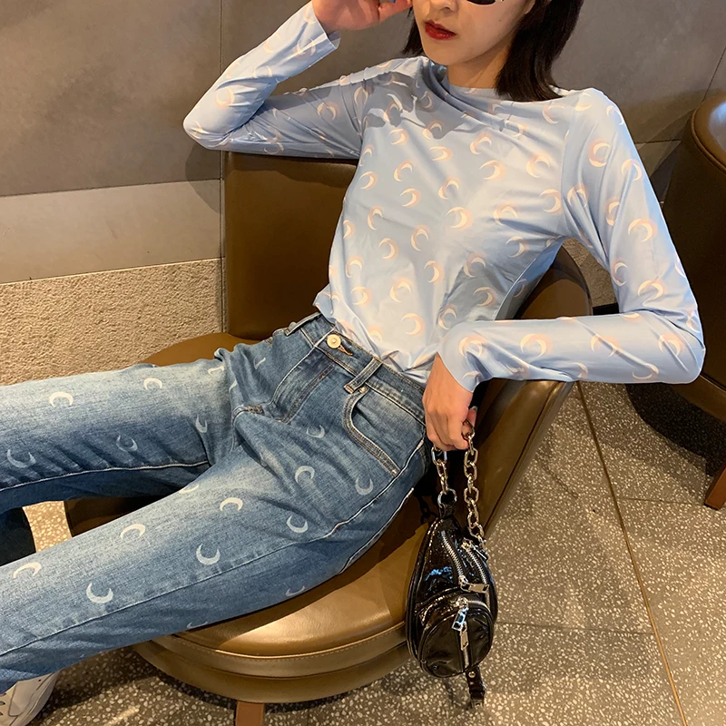 Fashion Classic Trendy Brand Luxry Design Moon Print Embroidery Ankle-length Pants Jeans Women Straight Pants M2