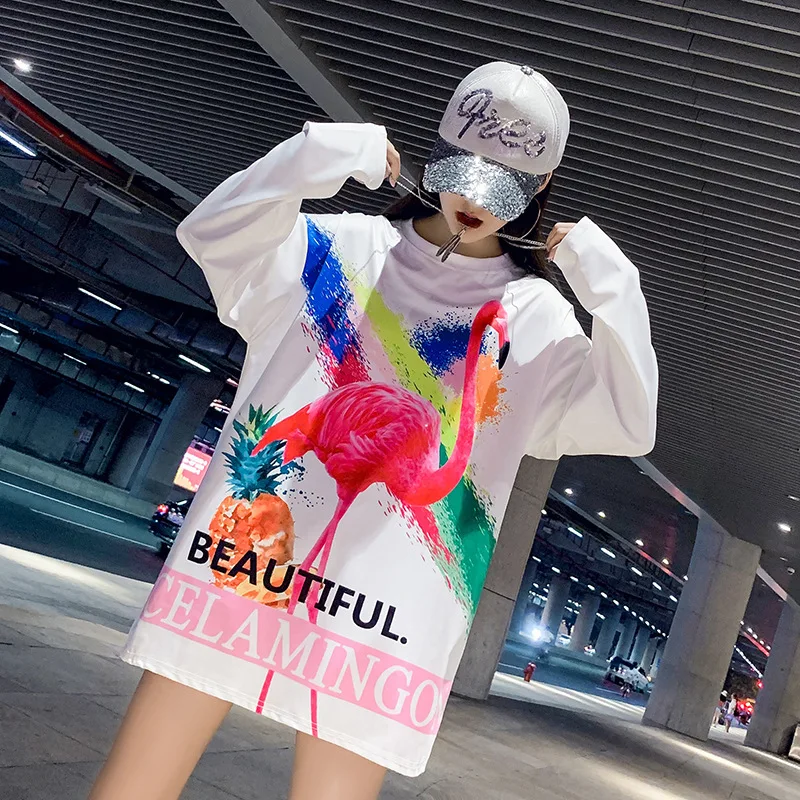 Женская футболка с принтом животных QING MO белая Повседневная Свободная длинным