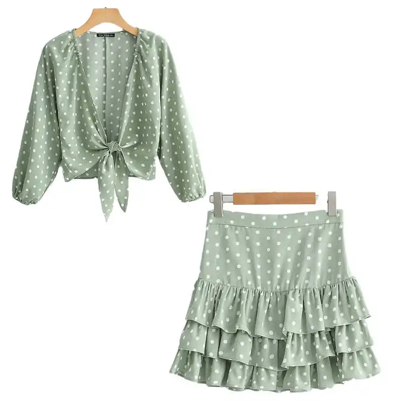 

dot dress suits women 2 pieces lace ruffle summer autumn beach holiday dress green short mini