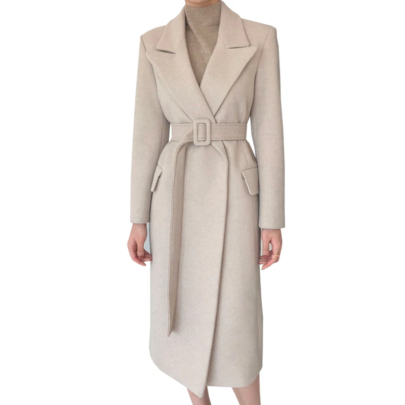 

Women's Long Coat For Autumn Or Warm Winter Lady Fashion With Belt