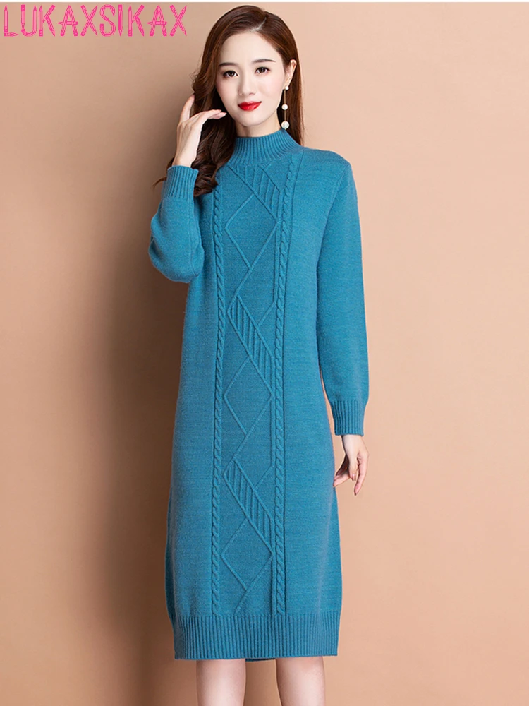 

Новинка, женское платье-свитер LUKAXSIKAX с высоким воротом на осень и зиму, модное вязаное жаккардовое платье с геометрическим узором