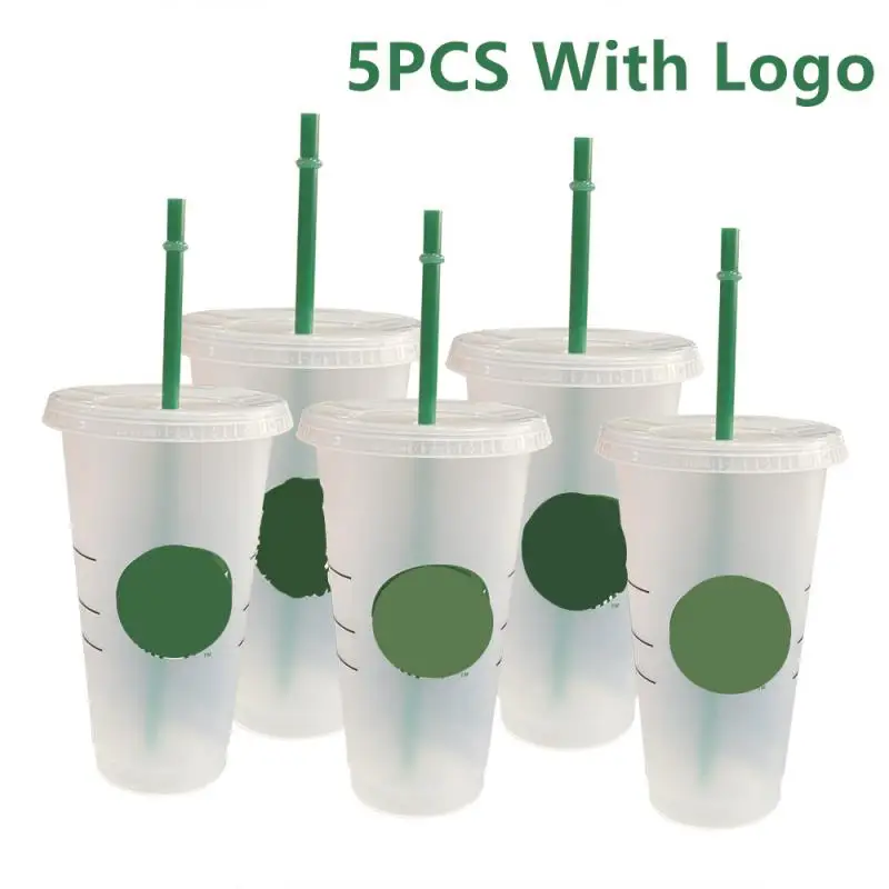 

5PCS Reusable Straw Coffee Cups With Logo Coffee Mugs Cold Water Cups Plastic Tumbler with Straws Lids Christmas Mug Gift 710ml