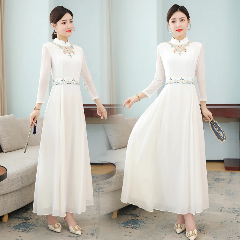 

COIGARSAM Women Dress Summer Chinese Style Three Quarter Sleeve Chiffon Embroidery Stand Neck High Waist White Dresses Traf Robe