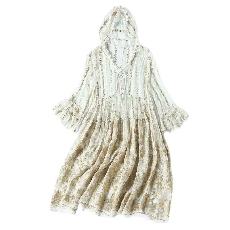 

Women Summer Dress 2021 NEW High Quality Silk Embroidered Hooded Butterfly Sleeves Loose High Waist Dress Knee Length S-XL
