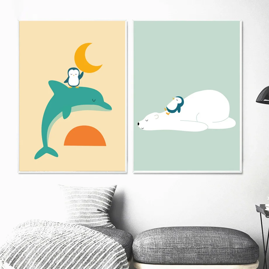 Мультяшное украшение для дома живопись дельфин Пингвин и полярный медведь холст