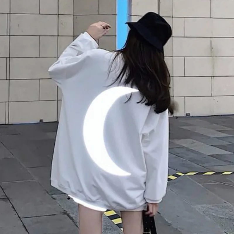 White-LonSleeves 19ss Лидер продаж! Светоотражающая Футболка с принтом Луны в стиле Харадзюку, Новая модная женская футболка большого размера для подружки, футболки с короткими рукавами, уличная одежда - Цвет: White-LonSleeves