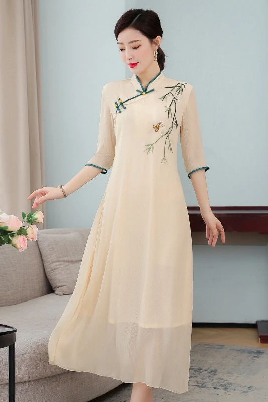 

COIGARSAM Women Dress Summer 2021 New Office Lady Cheongsam Short Sleeve Chiffon Solid Stand Neck Champagne Dresses Traf Robe