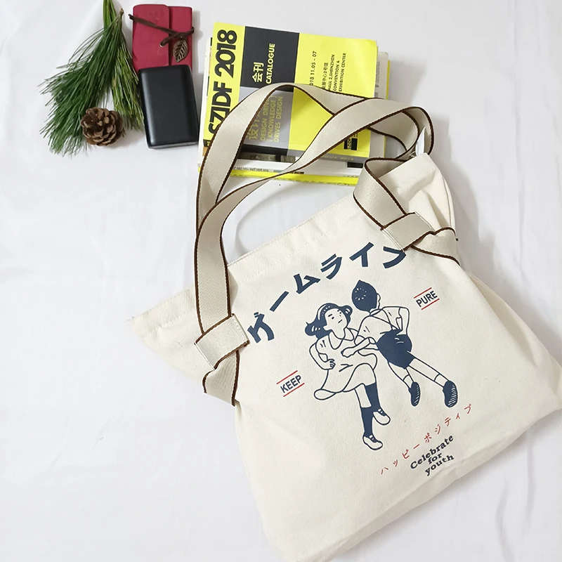 

Японская модная Холщовая Сумка через плечо с надписью человека, женская сумка-тоут, летняя пляжная сумка для ежедневного использования, жен...