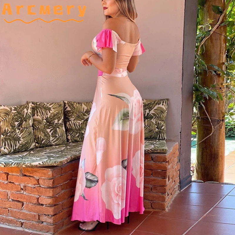 

2 Pieces Sets Women Off Shoulder Short Sleeve Top & Maxi Skirts