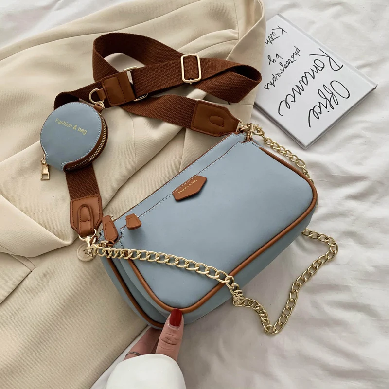 

3 in 1 PU Leather Ladies Chain Shoulder Bag Chain Vintage Multi-Pocket Handbag