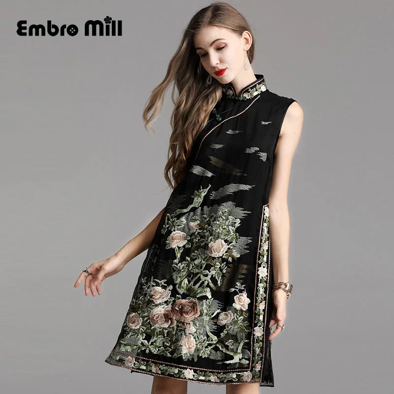 High-end floral summer women Chinese style Silk embroidery big flower dress dresses elegant slim lady Qipao party dress S-XXL