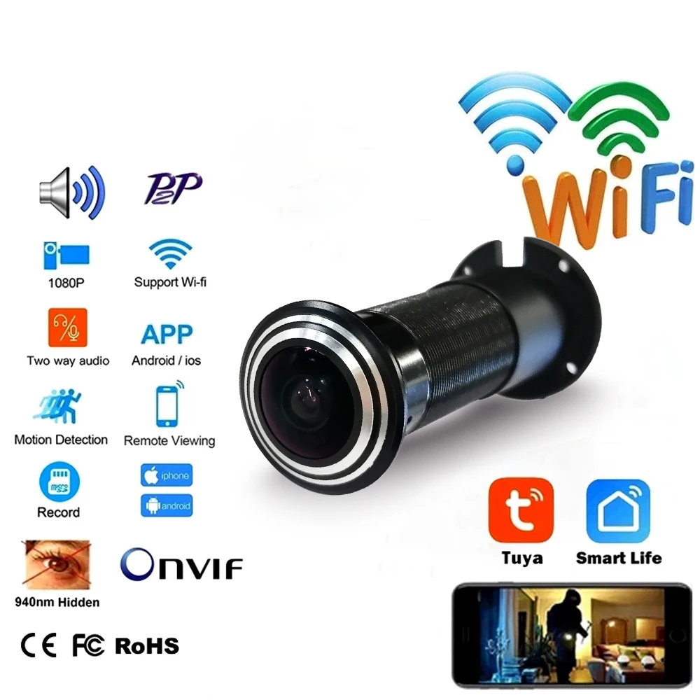 

Smart Tuya Peephole WIFI 1080P IP Camera Two-way Audio Door Eyehole Household Mini IR Peephole Motion Detection TF Card Record