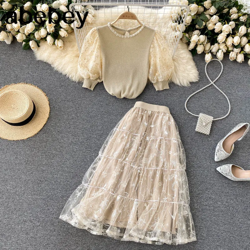 

Women Summer Sweet Korean Set Puff Sleeve O Neck Elastic Slim Knitted Tops+High Waist A-line Mesh Skirts Two Piece Set