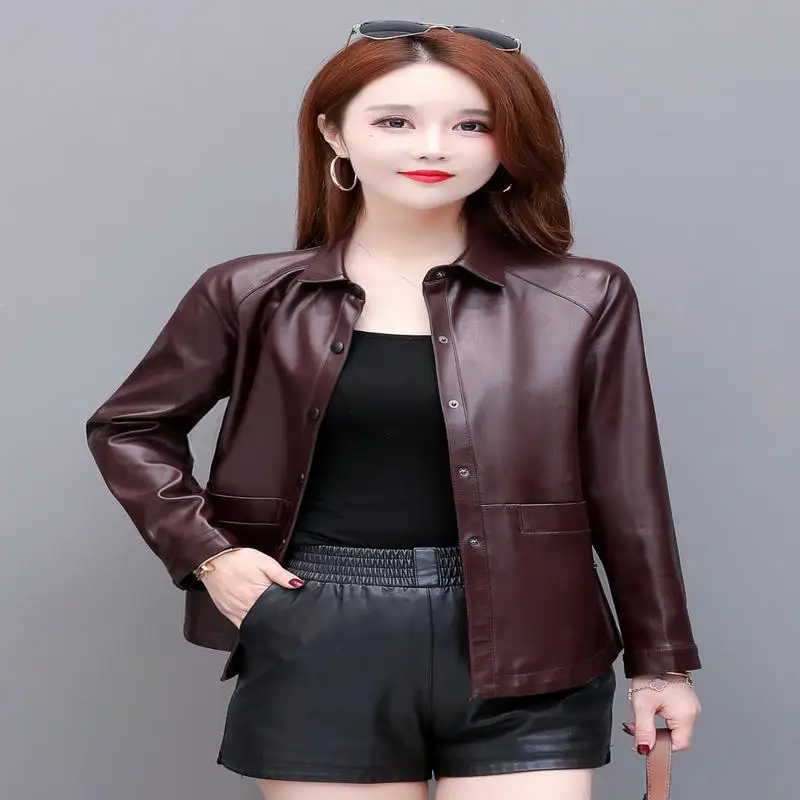 

new Spot spring Haining leather coat women's coat large 2021 long sleeve straight tube washed leather