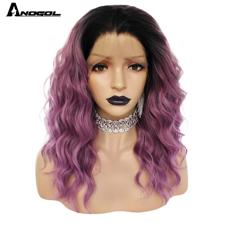 Ombre Purple Anogol розовый синтетический парик на фронта шнурка высокая температура волокна длинные волосы глубокая волна парики для белых женщин с бесплатной частью - Color: Ombre Purple