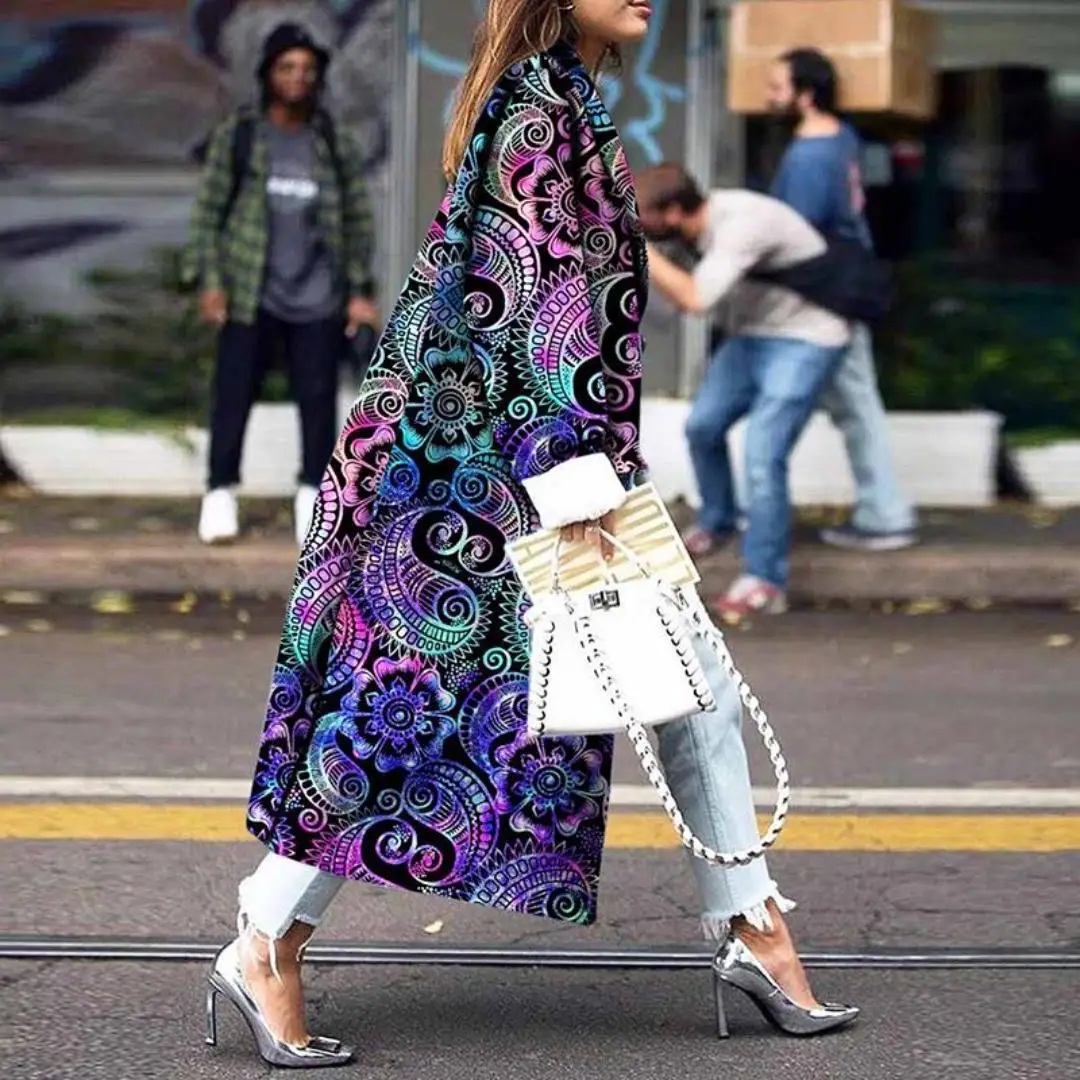

OMCHION Turn Down Collar Retro Overcoat 2020 New Floral Print Double Breasted Long Trench Coat Women Loose Outcoat
