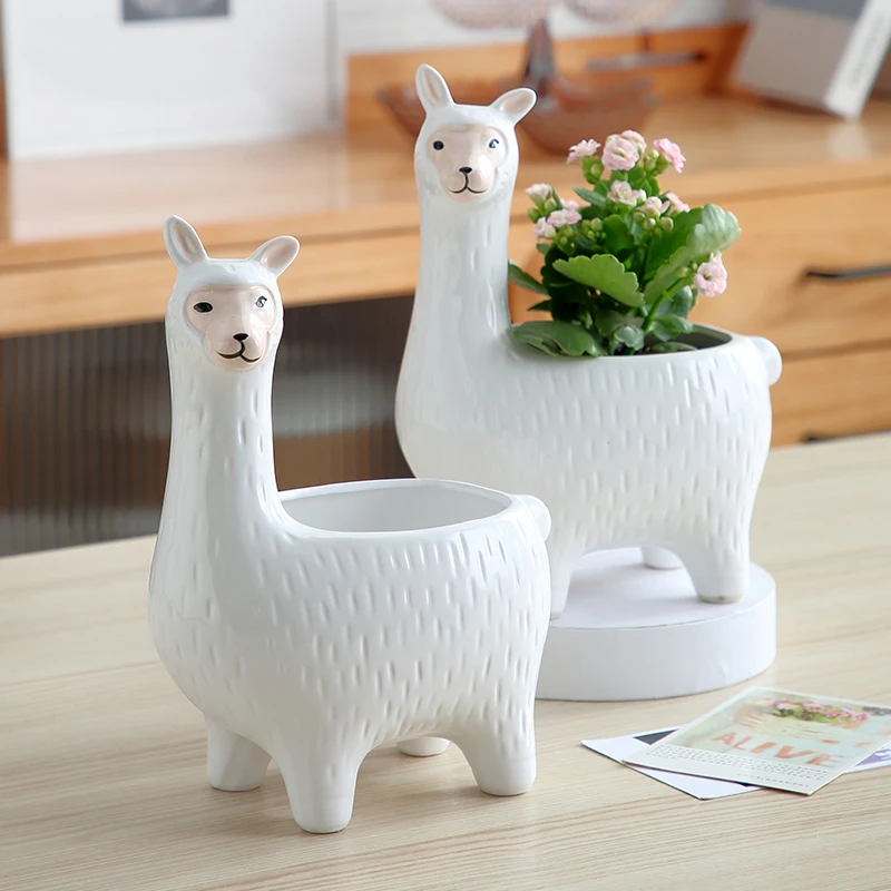 

Creative Lovely Cartoon Animal Flowerpot Ceramic Simple And Meaty Potted Household Green Plant Alpaca Flowerpot